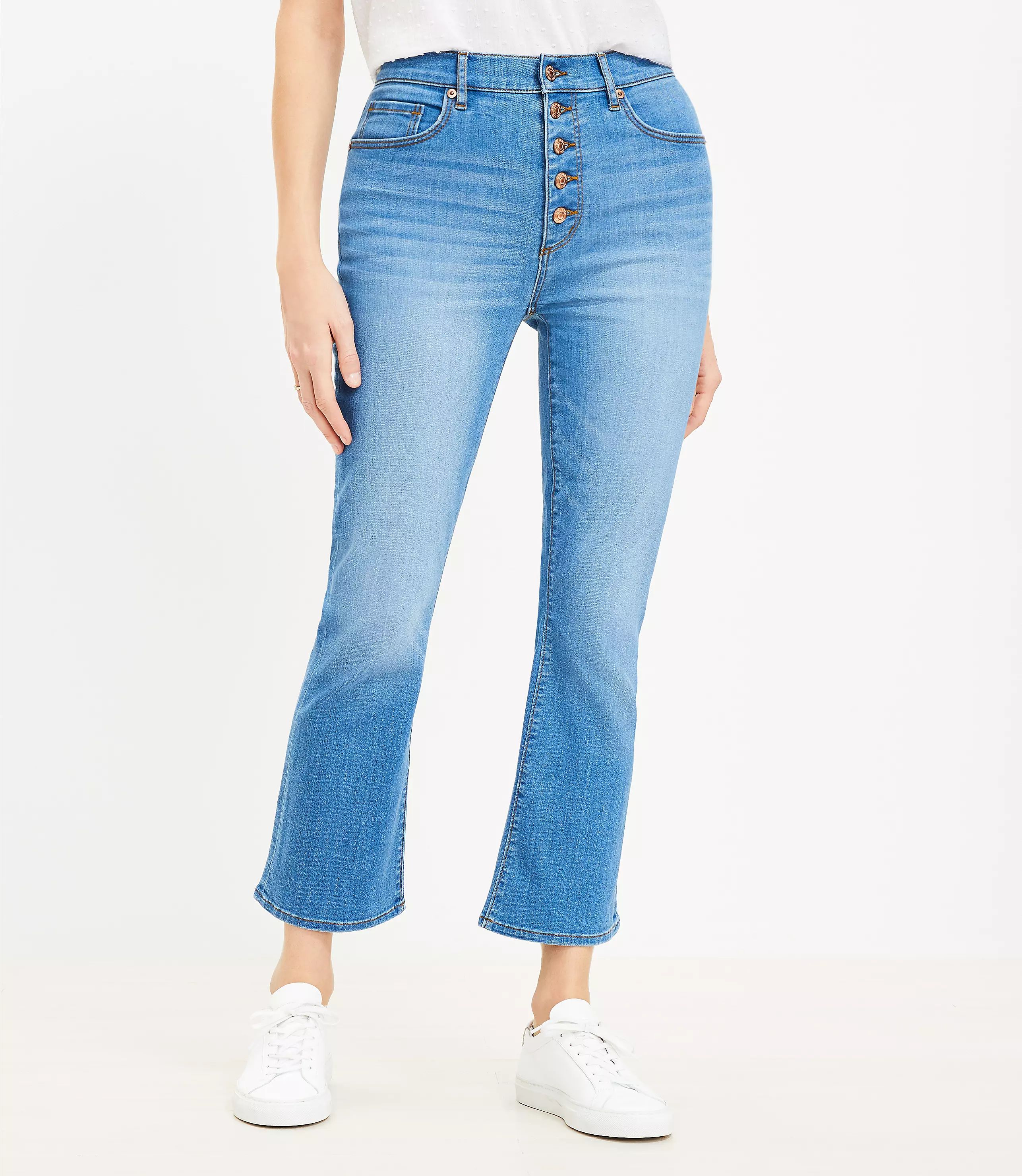 Curvy Button Front High Rise Kick Crop Jeans in Bright Mid Indigo Wash | LOFT