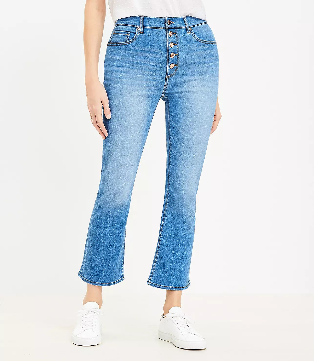 Curvy Button Front High Rise Kick Crop Jeans in Bright Mid Indigo Wash | LOFT
