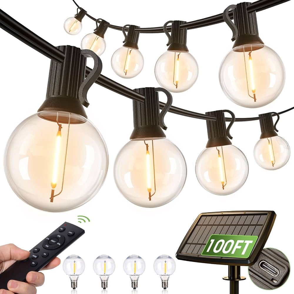 addlon 100FT Solar String Lights Outdoor with Remote, 54 LED Shatterproof Bulbs, Dimmable & Timab... | Amazon (US)