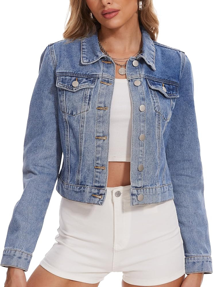 andy & natalie Women's Denim Jackets Cropped Long Sleeve Basic Button Down Crop Jean Shacket with... | Amazon (US)