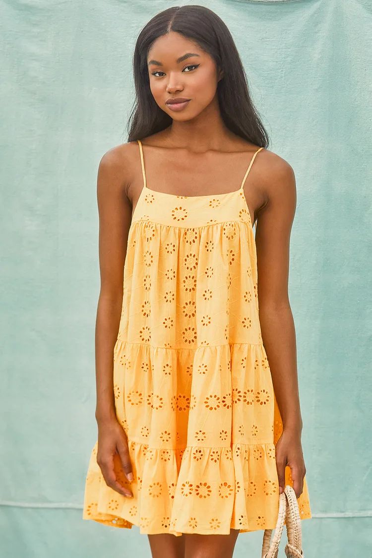 Breeze on Down Mustard Yellow Eyelet Lace Babydoll Dress | Lulus (US)