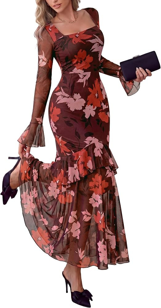 PRETTYGARDEN Womens Floral Long Sleeve Dress A Line Mesh Fall Maxi Dresses | Amazon (US)