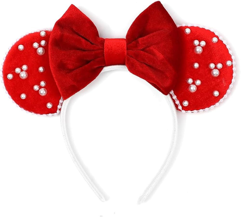 JIAHANG Velvet Mouse Ears Hair Bow Headband with Pearls, Red Christmas Party Decoration Costume H... | Amazon (US)