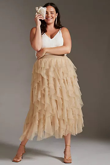 By Anthropologie Ruffled Tulle Midi Skirt | Anthropologie (US)