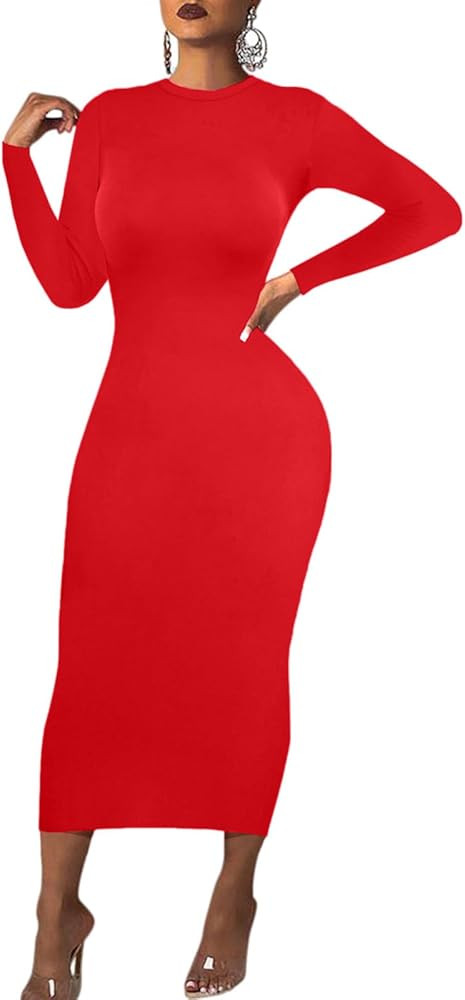 Women's Long Sleeve Bodycon Dress - Midi Casual Club Party Long Fitted Tight Fall Dresses | Amazon (US)