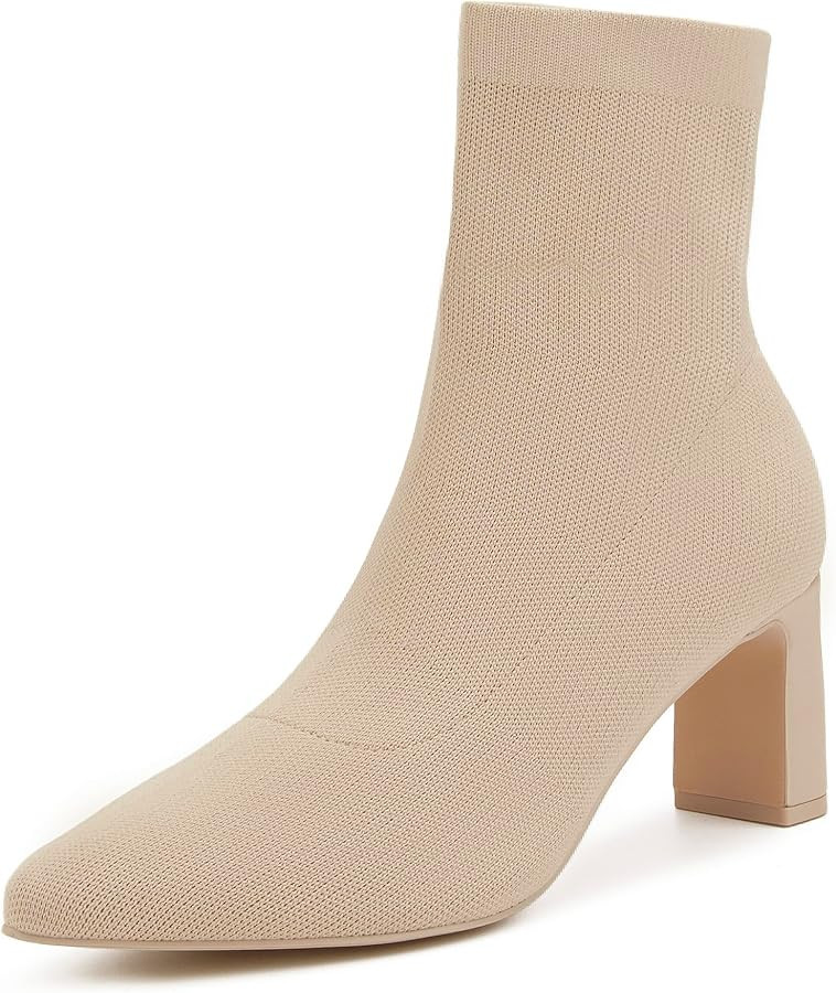 Soesyi Women's Ankle Booties Pointed Toe Stretch Knit Chunky Low Block Heel | Amazon (US)