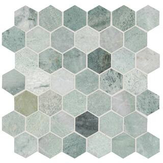 MSI Icelandic Green 2 in. Hexagon 12 in. x 12 in. x 0.38 in. Polished Marble Mesh-Mounted Mosaic ... | The Home Depot