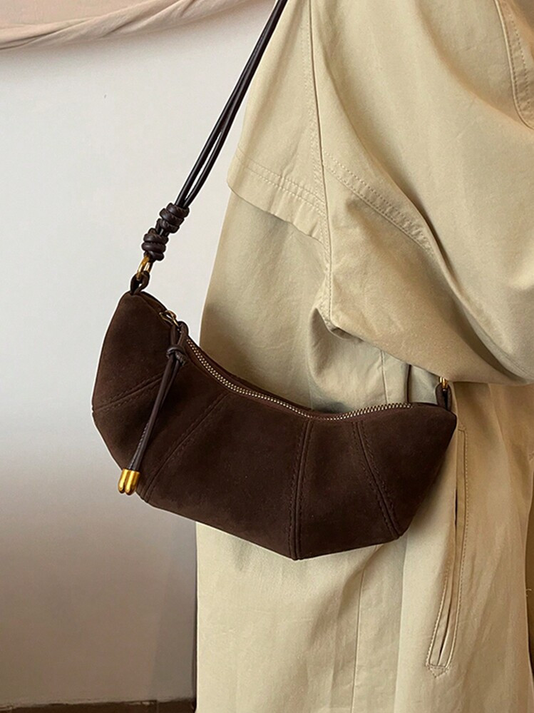 European And American Fashion New Suede Crescent Shoulder Bag In Camel Color For Fall/Winter,New ... | SHEIN