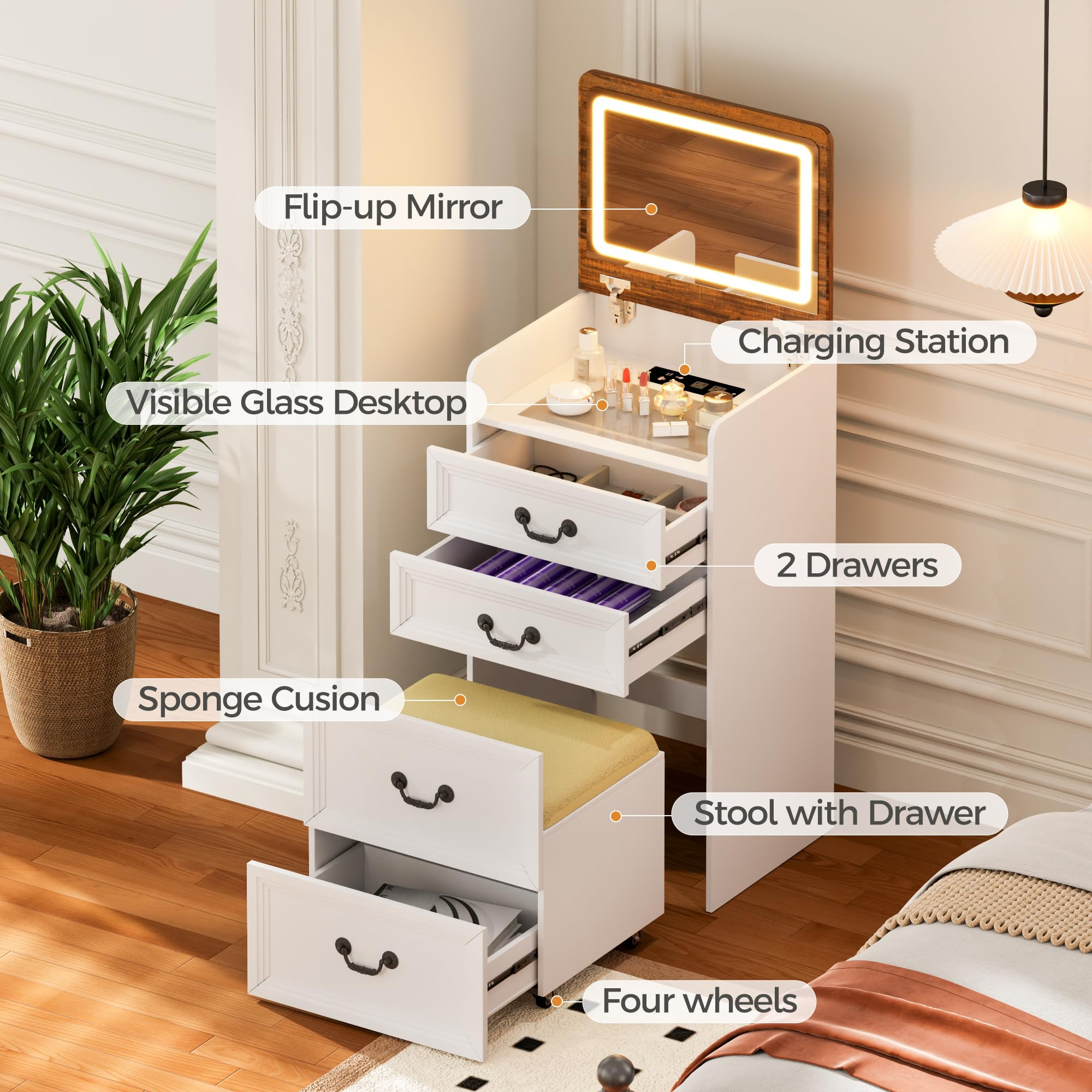 Makeup Vanity,3-in-1 Vanity Desk with Flip-Top Mirror,Hidden Stool & Visible Glass Desktop,Conver... | Amazon (US)