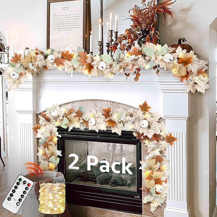Neutral Fall Garland for Mantle Fireplace - 2 Pack 6Ft Outdoor Autumn Leaves Decor for Home Front... | Amazon (US)