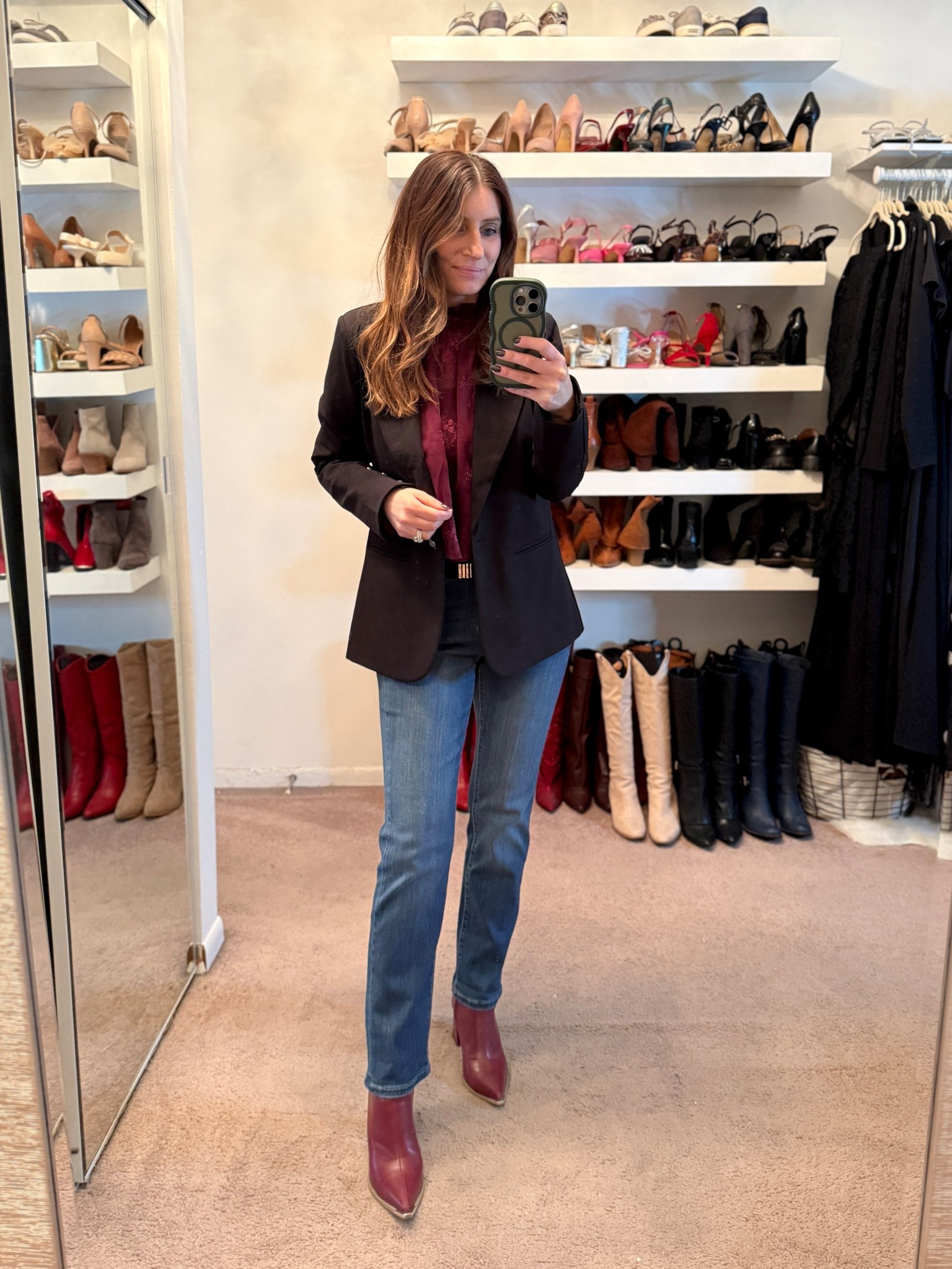 What I wore to brunch on a rainy spring Sunday! Classic black blazer, burgundy lace top, cigarette jeans, straight leg jeans, burgundy ankle boots, gold earrings, easy outfit, casual workwear outfit 

#LTKOver40 #LTKSaleAlert #LTKootd