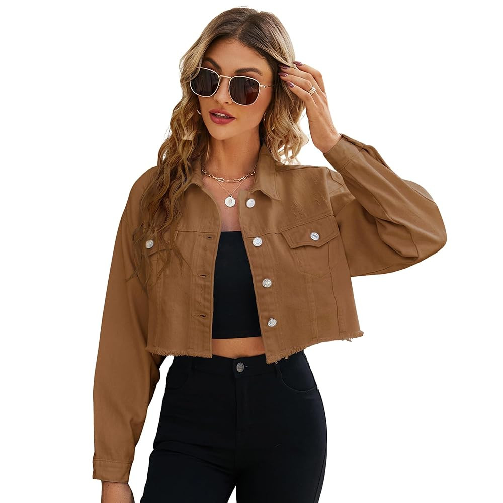 LONGYIDA Women's Cropped Denim Jacket | Distressed Button-Down Jean Jacket | Long Sleeve Ripped &... | Amazon (US)