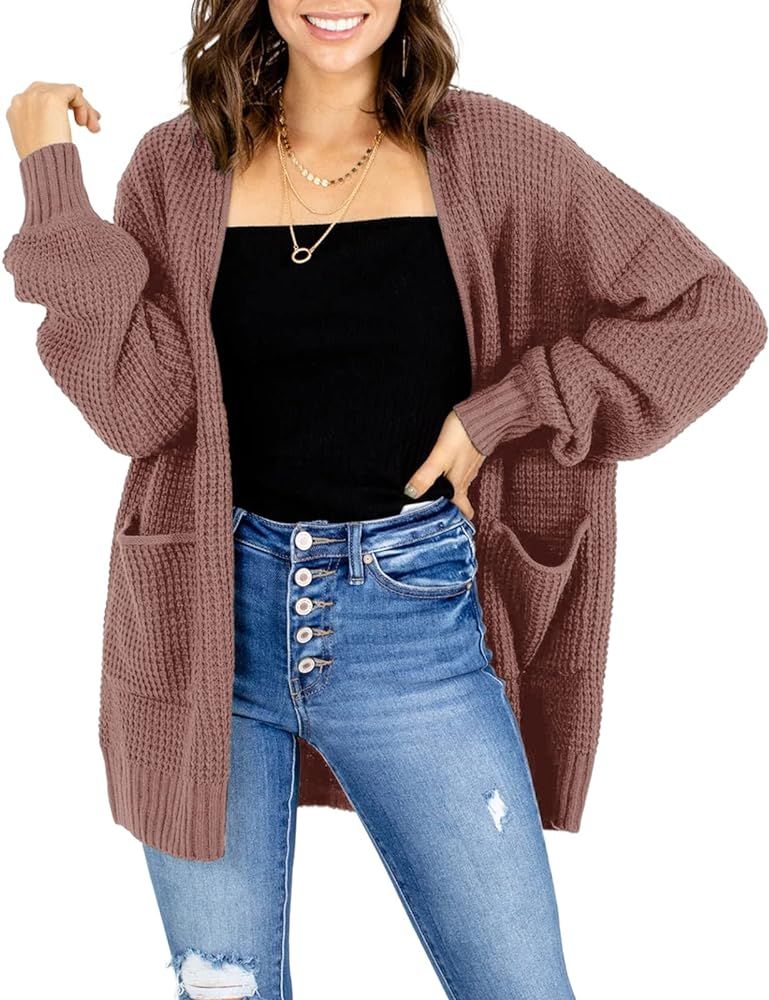 Misassy Womens Open Front Waffle Long Sleeve Lightweight Knit Cardigans Sweater Oversized Sweaters w | Amazon (US)