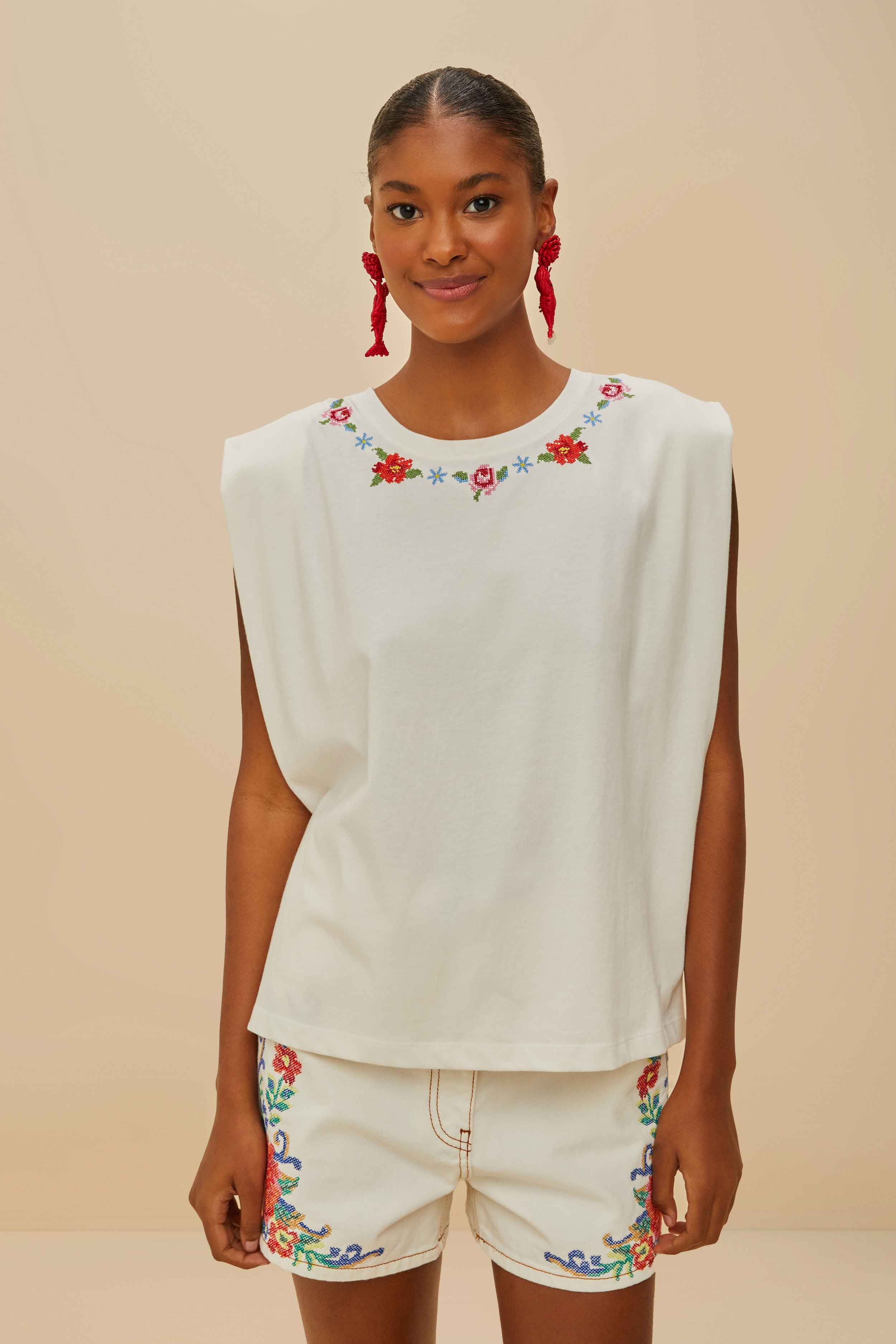 Off-White Cross Stitch Flowers Organic Cotton T-Shirt | FarmRio (US)