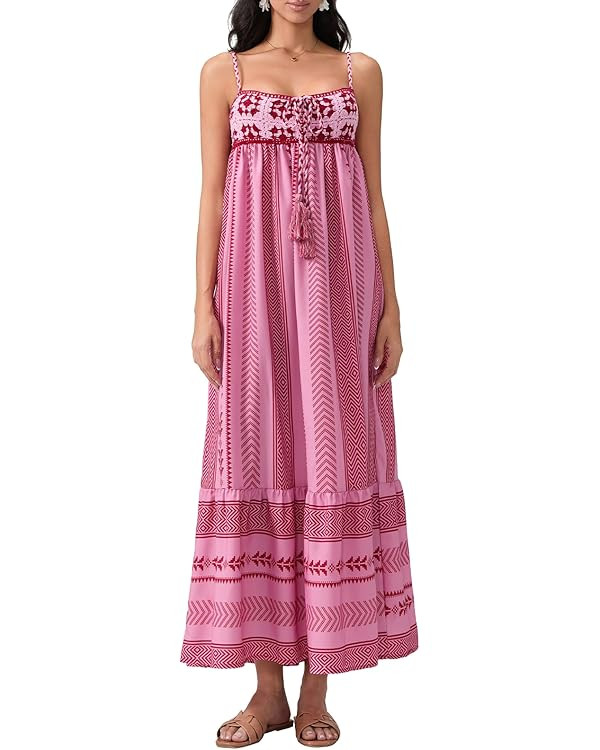 Women Smocked Maxi Long Dress Cute Print Sleeveless Spaghetti Strap Boho Flowy Dress Summer Beach... | Amazon (US)