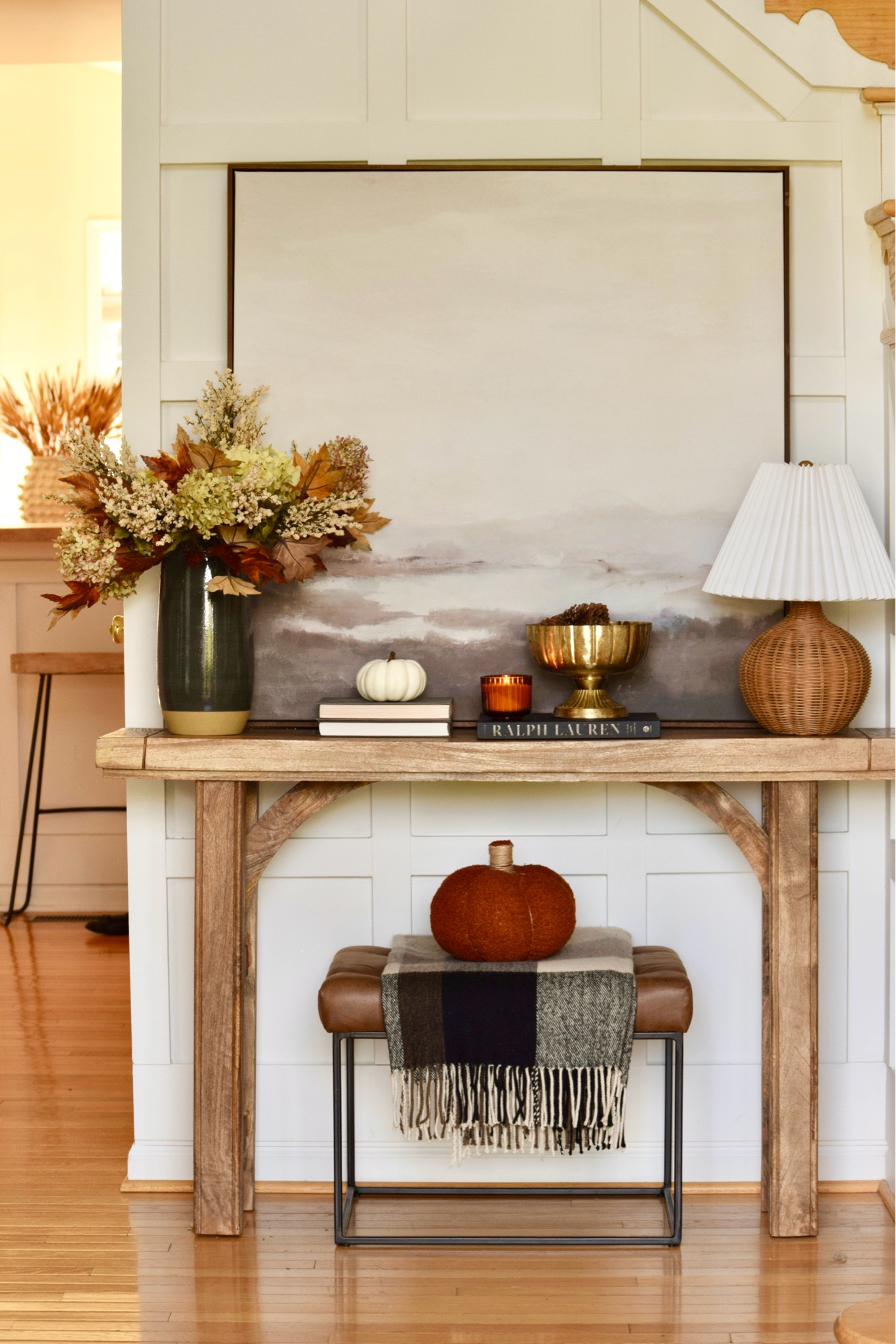 Sale Alert on my Grandin Road console table 🙌 , Afloral, , Cozy decor, Cozy fall touches, Fall Decor, Fall, home decor, Autumn, Autumn decor, fall stems,candle, textures, Studio McGee, Ralph Lauren, moody decor, , pumpkins, coffee table books, entryway styling, console table decor , Target, Michael’s, pinecones, traditional fall colors, Sherpa pumpkin, fall styling, Threshold with Studio McGee, moody decor