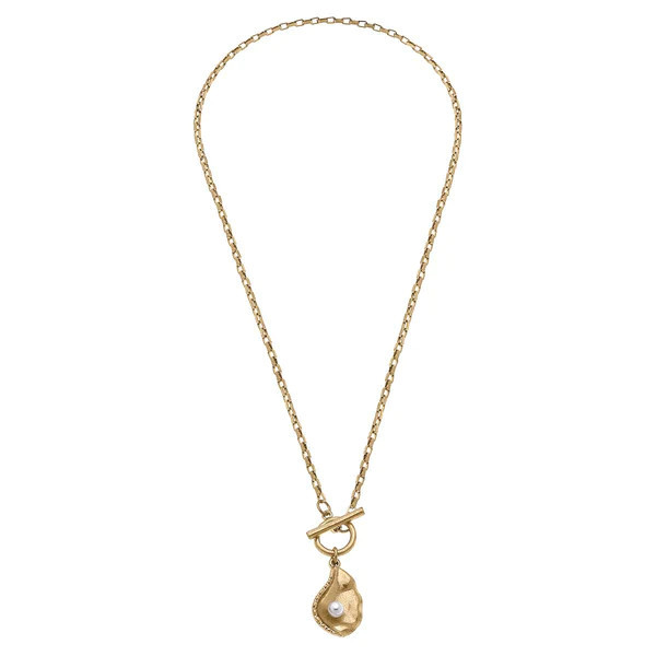 Oyster with Pearl T-Bar Charm Necklace in Worn Gold | CANVAS