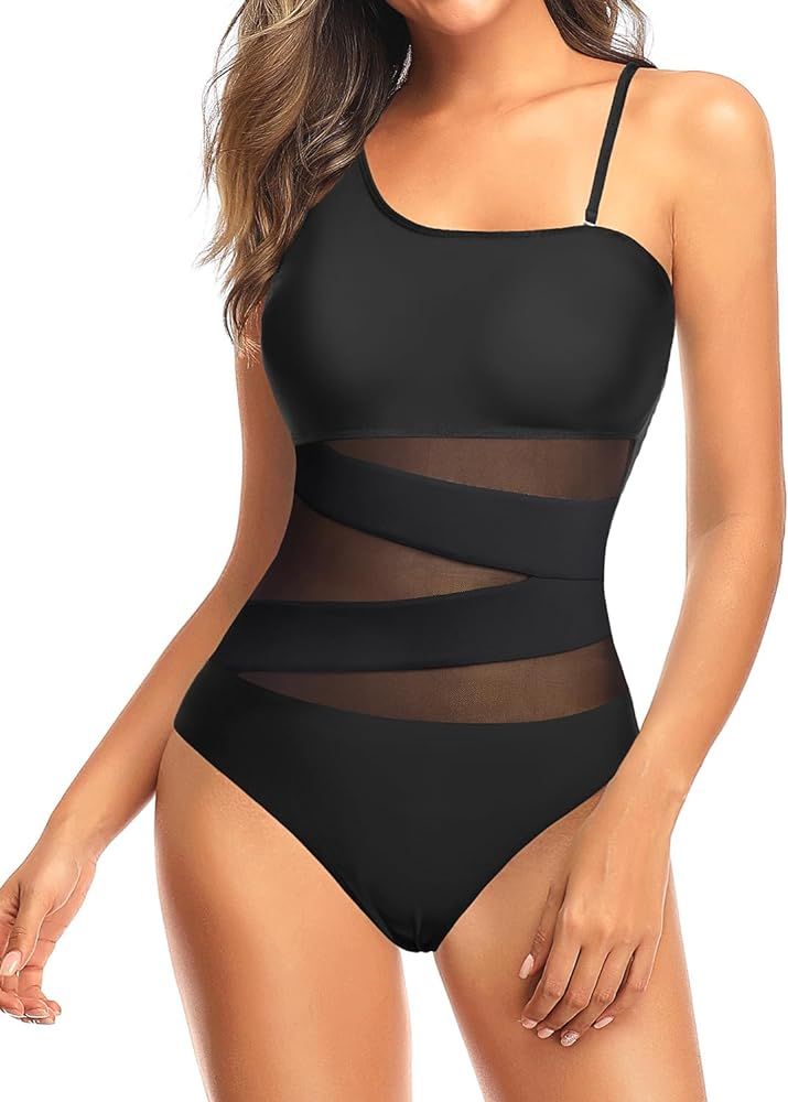 Tempt Me Women One Shoulder One Piece Swimsuits Full Coverage Cutout Mesh Sexy Bathing Suits Tumm... | Amazon (US)