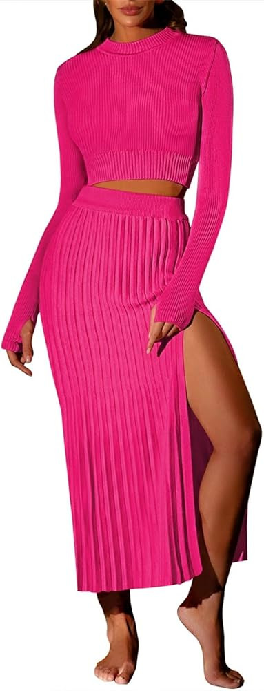 Pink Queen Women's 2 Piece Sweater Outfits Set Long Sleeve Crop Top Ribbed Split Bodycon Midi Lon... | Amazon (US)