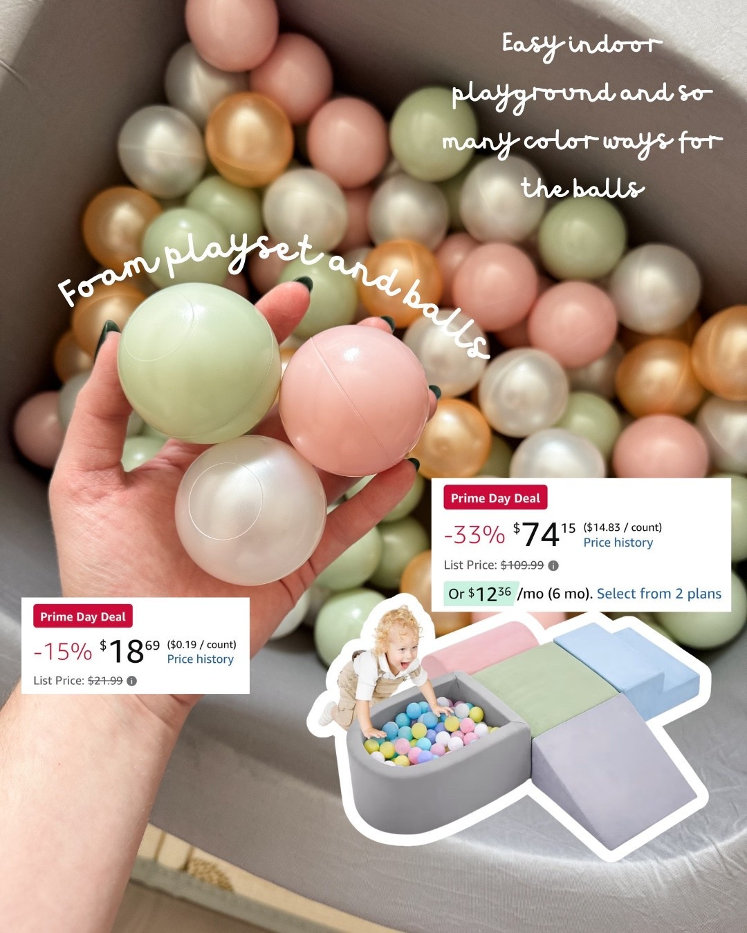 This ball pit is a set of five foam activity pieces for older babies and toddlers to play on. These balls come in a variety of color ways and shapes so you can customize the exact look you would like for your child or to match a playroom color scheme. ￼

#LTKmomlife #LTKBaby #LTKKids