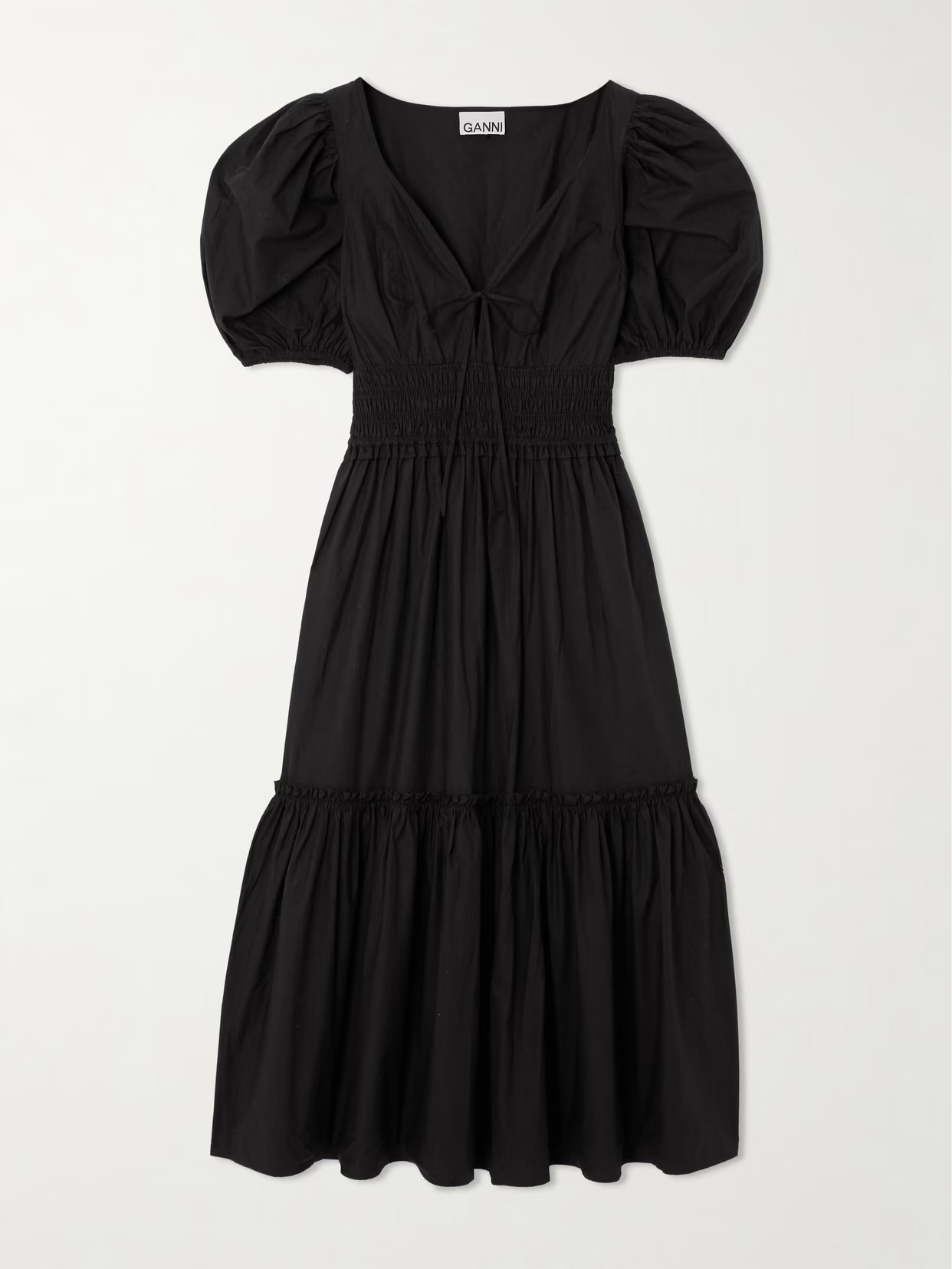 GANNI - Shirred Tiered Organic Cotton-poplin Midi Dress - Black | NET-A-PORTER (UK & EU)