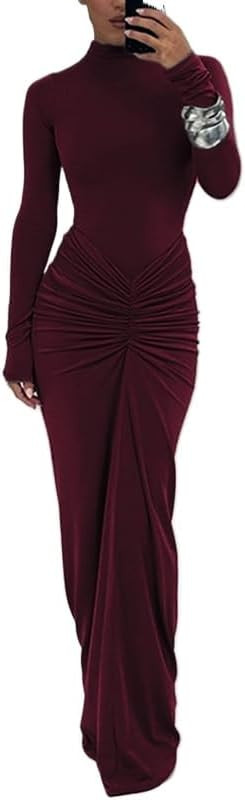Womens Sexy Dress Maxi Dress Long Sleeve Ruched Bodycon Turtleneck Club Party Dress Long Casual W... | Amazon (US)