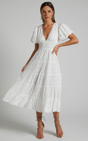 Divora Midi Dress - Plunge Balloon Sleeve Tiered Dress in Ivory | Showpo (US, UK & Europe)