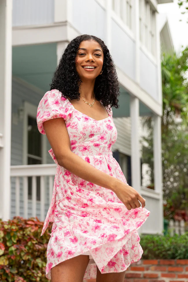 Calling Perfection Pink Floral Dress With Back Bow Detail SALE | Pink Lily