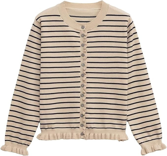 FindThy Women’s Ruffled Cardigan Sweater Trendy Striped Crewneck Long Sleeve Button Down Knit O... | Amazon (US)