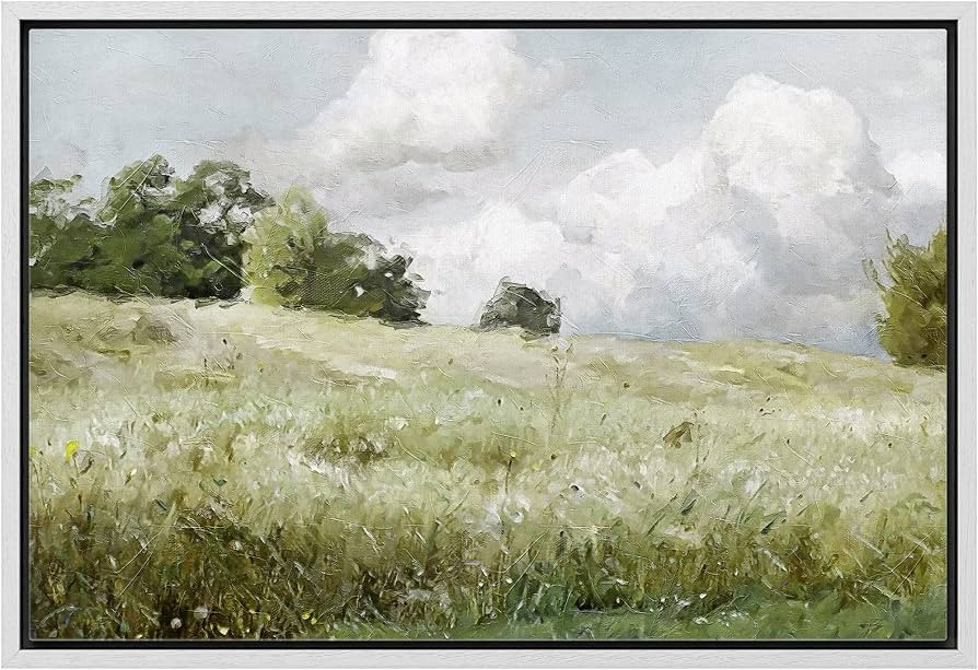 wall26 Framed Canvas Print Wall Art Green Meadow Under Stormy Clouds Nature Wilderness Illustrati... | Amazon (US)
