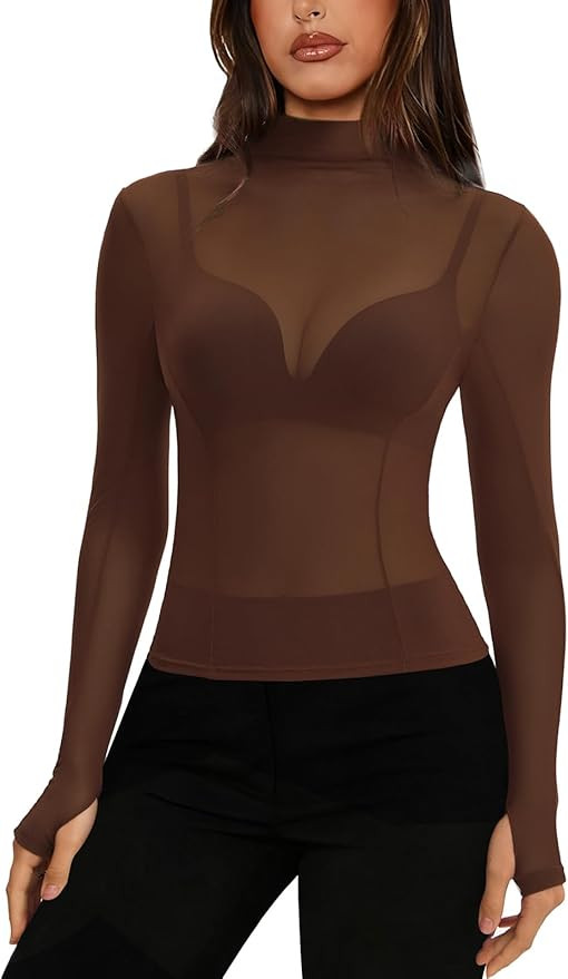 Women's Mesh Sheer Long Sleeve Tops Sexy See Through Mock Neck Going Out Shirts | Amazon (US)