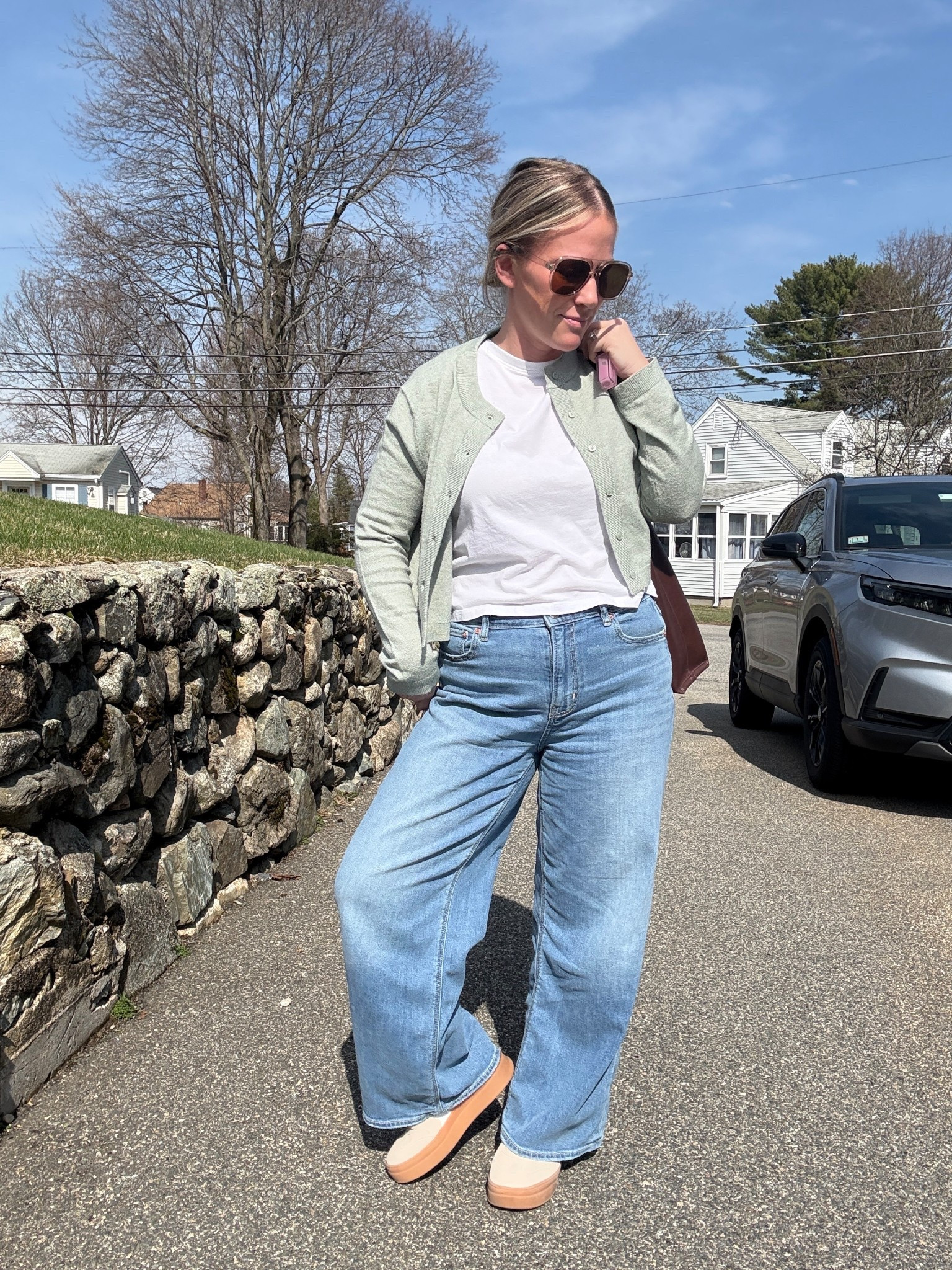 These jeans are like sweatpants! 
I’m wearing 4 short (short is short!) I’m 5 feet wish I got reg length but if you plan to wear with flats they’re perf! 
Perf boxy white tee
Platform samba dupes 
Ysl aviator sunglasses lookalike dupes 
Brown tote 

#LTKSaleAlert #LTKPetite #LTKdayinmylife