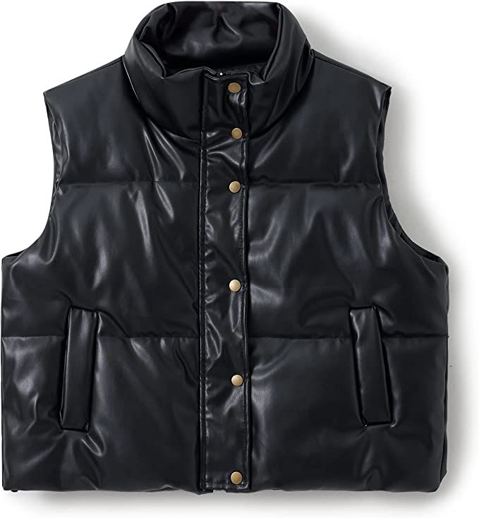 Women PU Leather Cropped Puffer Vest Sleeveless Stand Collar Lightweight Zip Up Padded Gilet Jack... | Amazon (US)