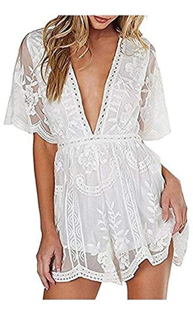 Wicky LS Women's Sexy Short Sleeve Long Dress Low V-Neck Lace Romper | Amazon (US)