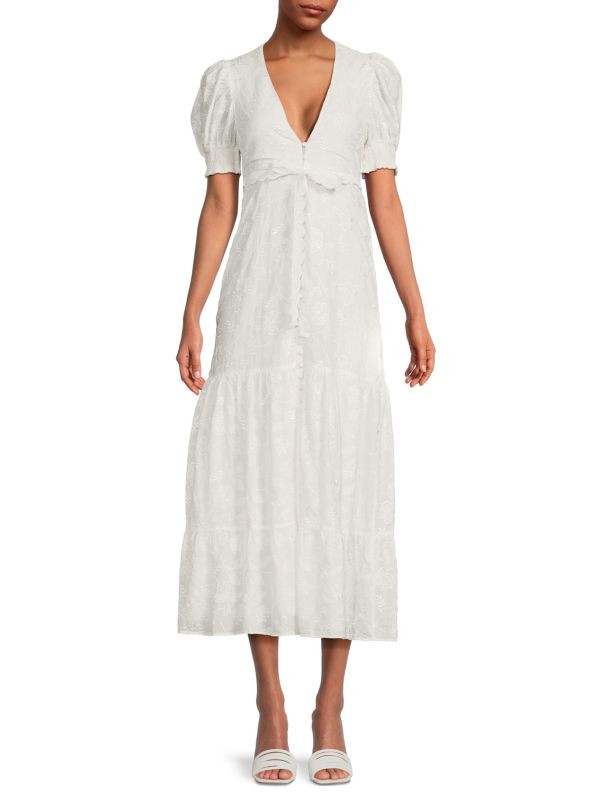 Puff Sleeve Floral Embroidery Midi Dress | Saks Fifth Avenue OFF 5TH
