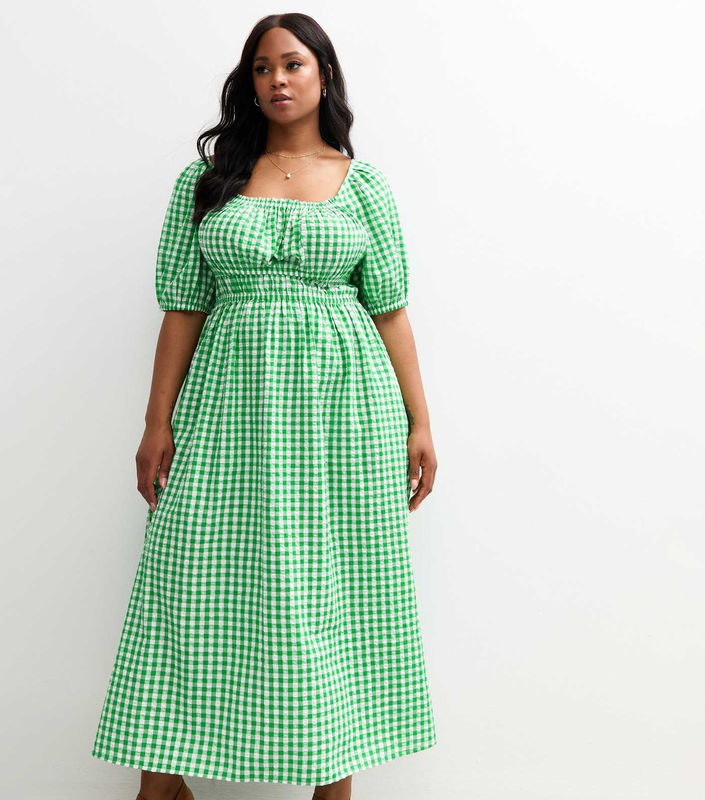 Curves Green Gingham Print Textured Milkmaid Midi Dress | New Look | New Look (UK)