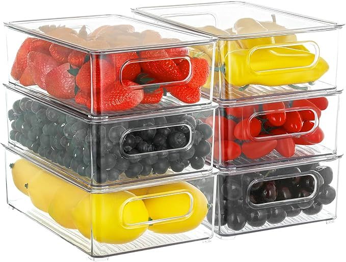 Refrigerator Organizer Bins with Lids, ESARORA 6 PACK Stackable Clear Fridge Bins with Handles Fo... | Amazon (US)