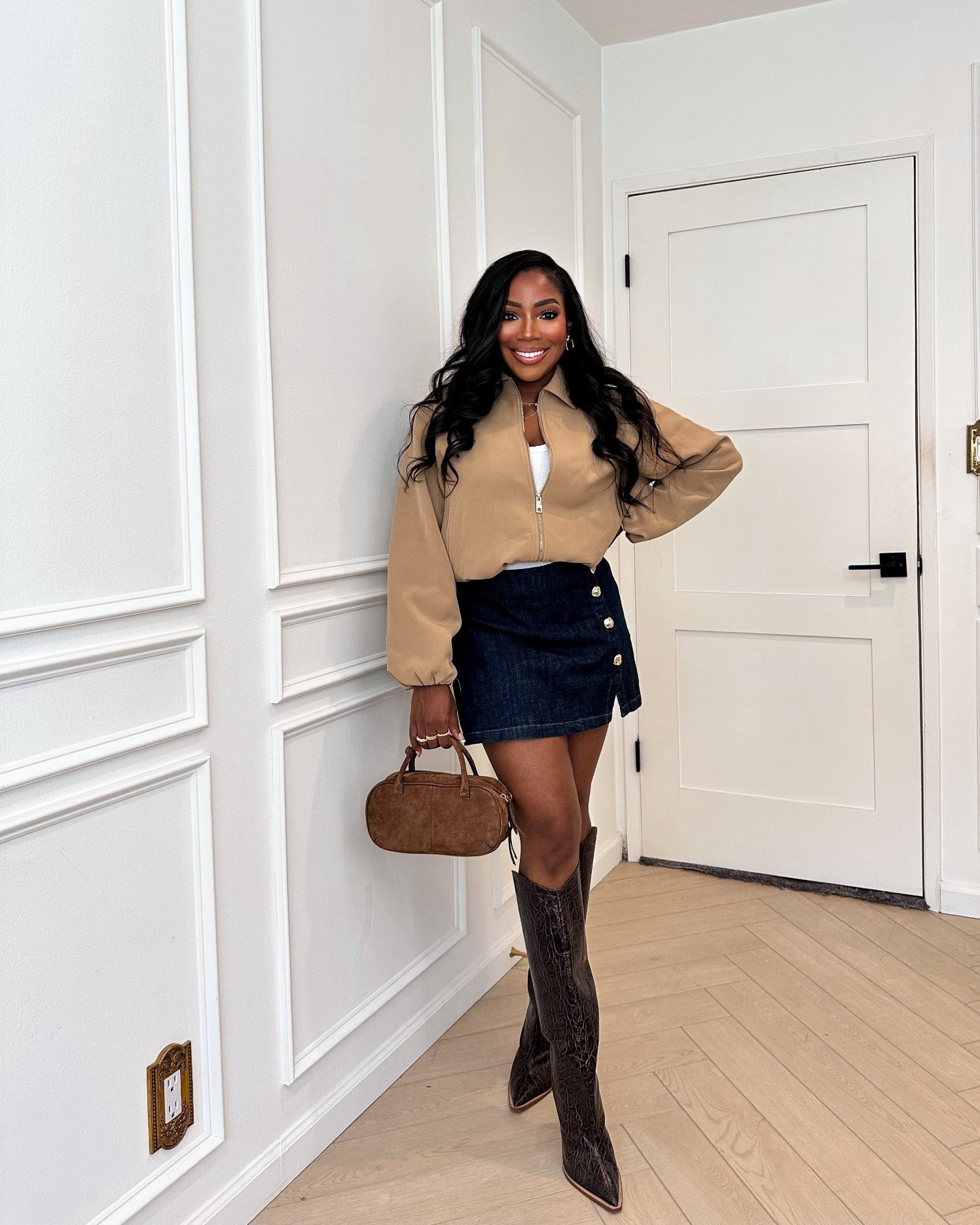 Fall outfit, fall style, fall looks, tan jacket, cropped jacket, denim skirt, denim skirt, knee high boots, boots, brown suede bag, suede bag, fall accessories, fall bag, Whitney Wiley, Zara, Zara finds, Zara accessories, jackets, denim dress, schutz, Kendra Scott, sis kiss 

#LTKFindsUnder100 #LTKFallSale #LTKItBag