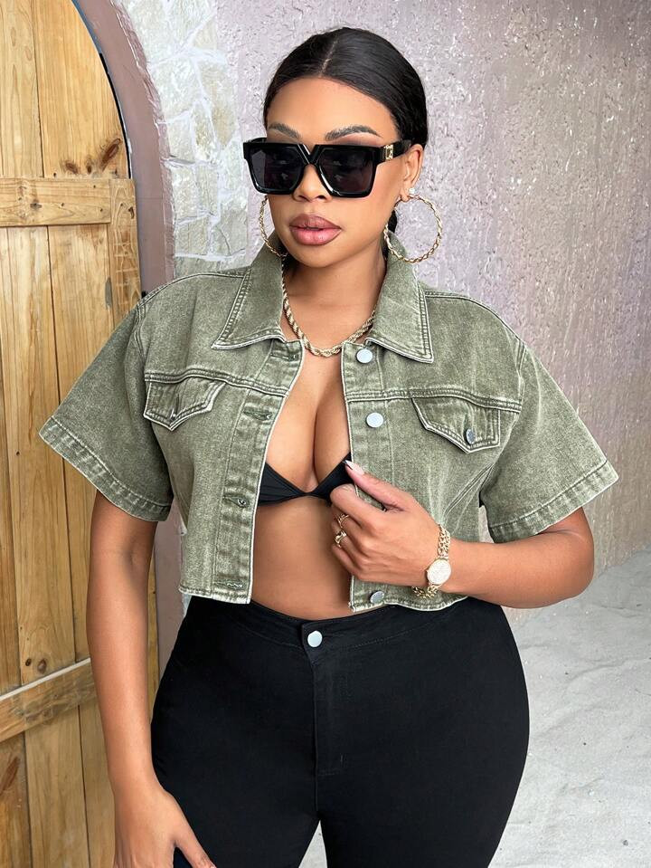 SHEIN SXY Women's Plus Size Short Sleeve Cropped Denim Jacket, Spring/Summer, Green, Perfect For ... | SHEIN