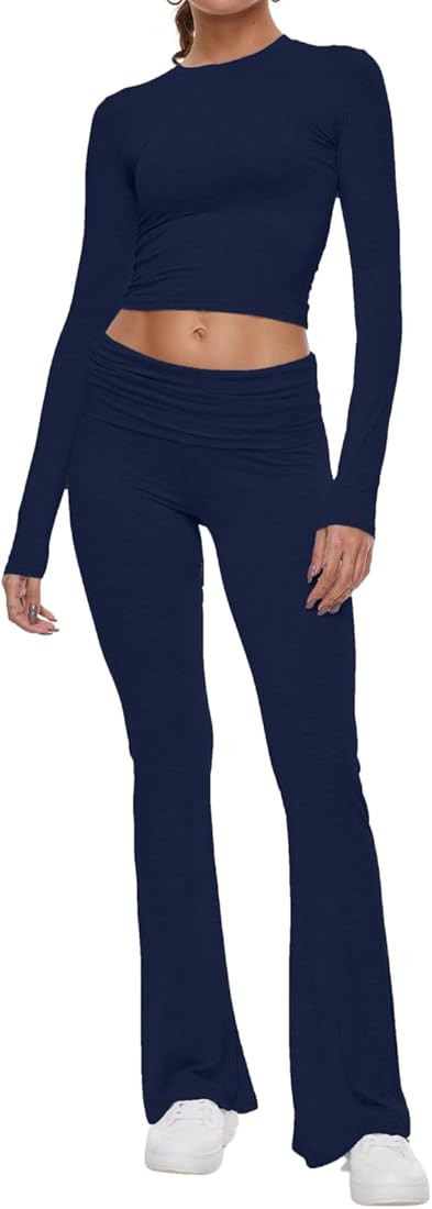 AnotherChill Women's 2 Piece Lounge Sets Fold-over Flare Pants Set Long Sleeve Cropped Top Casual... | Amazon (US)