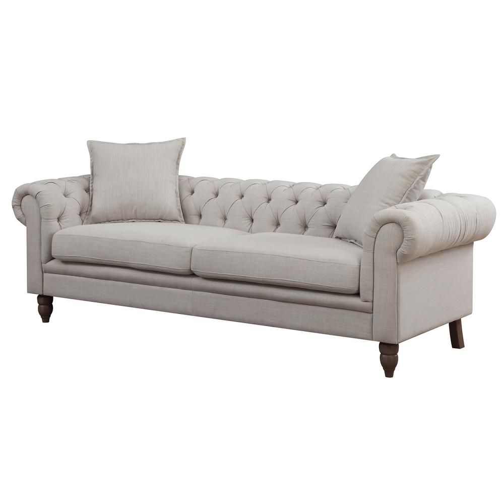 Juliet 85 in. Beige Linen 3-Seater Chesterfield Sofa with Round Arms | The Home Depot
