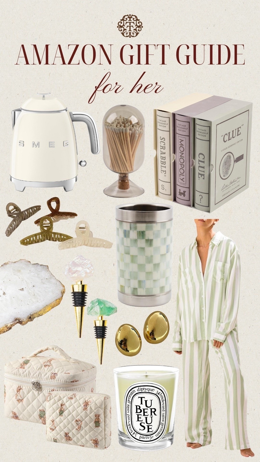 We’ve created a gift guide for all the women in your life! We are loving the SMEG tea kettle, Mackenzie Childs wine bottle checkered cooler, and board games that double as home decor! If you are looking for some stocking stuffers we think the gold earrings and claw clips would be perfect! 

#LTKSeasonal #LTKHoliday #LTKGiftGuide