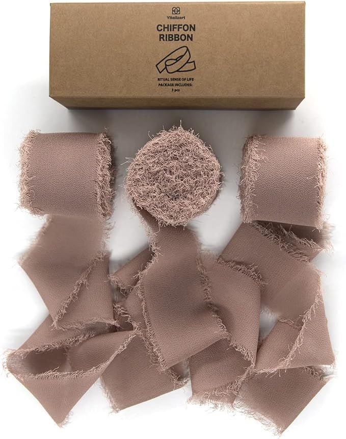 Vitalizart 3 Rolls Handmade Fringe Chiffon Silk Ribbon 1.5" x 7Yd Nude Ribbons Set for Wedding In... | Amazon (US)