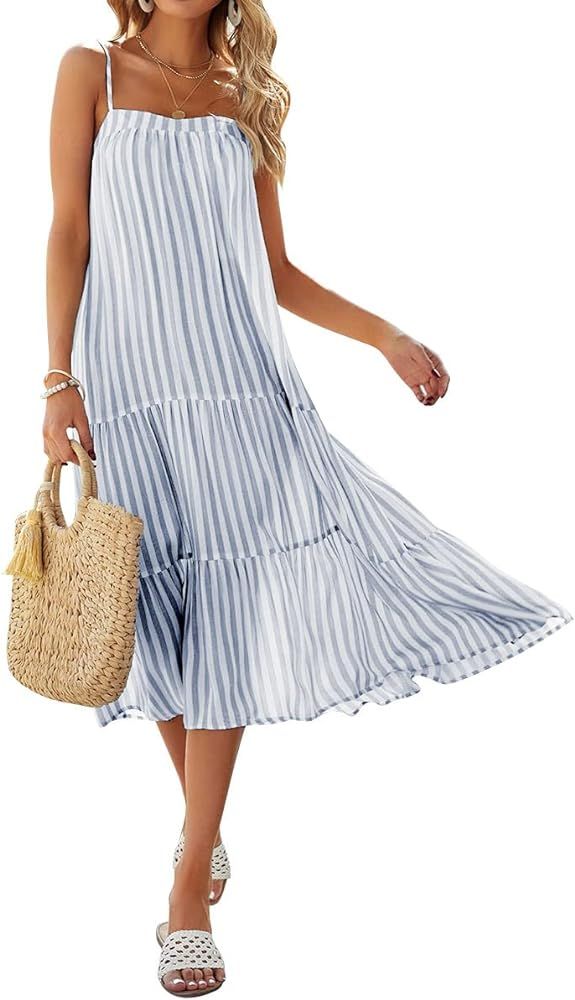 Lueluoye Women's Sleeveless Striped Dress Summer Spaghetti Strap Adjustable Loose Cami Beach Boho... | Amazon (US)