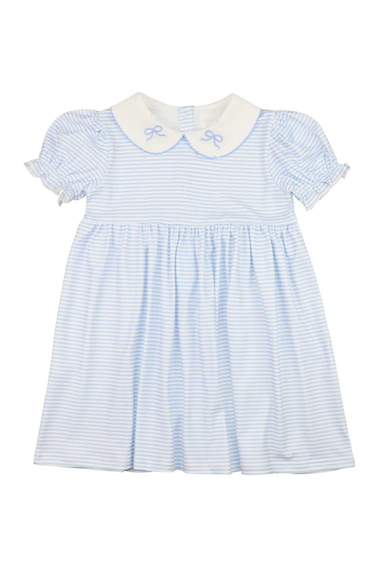 Cecil & Lou Girls Blue Striped Knit Embroidered Bow Dress | LoveShackFancy