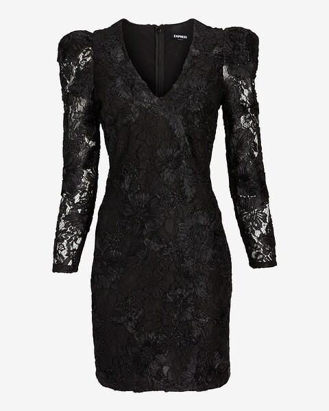 Lace V-neck Puff Sleeve Mini Sheath Dress | Express