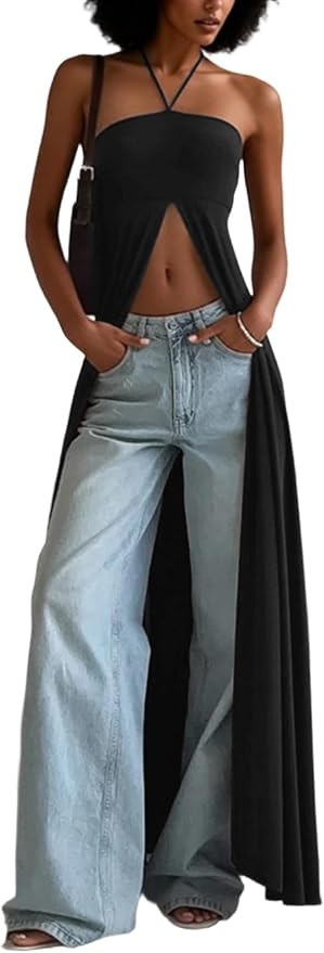 LETSVDO Women Halter Maxi Top High Split Flowy Boho Long Duster Shirt Dress | Sleeveless,Backless... | Amazon (US)