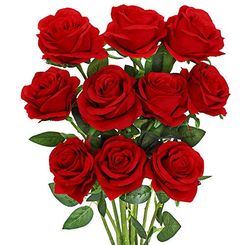 Luyue 10PCS Artificial Roses Flower with Stems Slik Fake Flowers Bouquet Realistic Long Stem Faux Rose for Valentines Day Wedding Home Decor | Amazon (US)