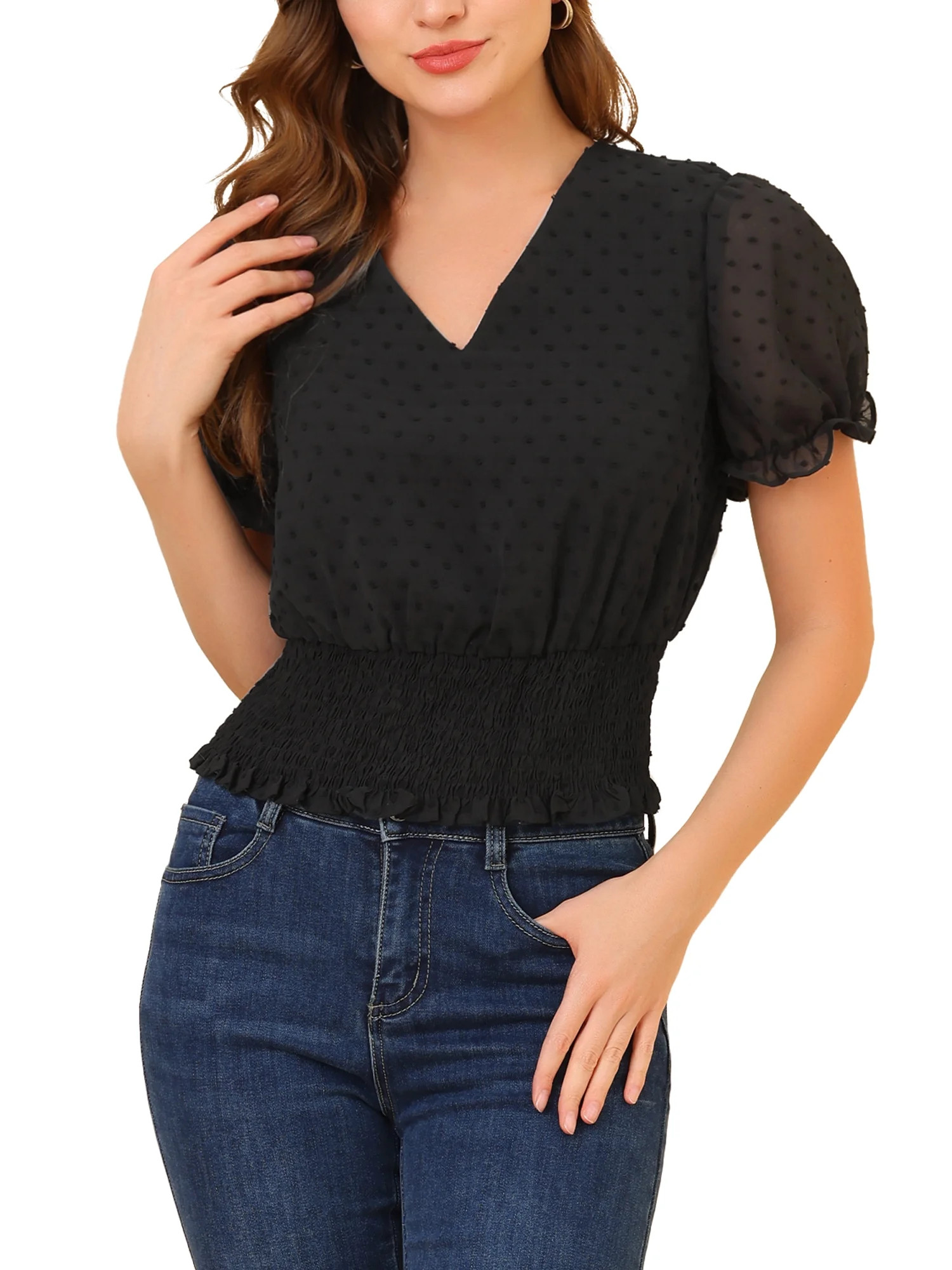 Allegra K Women's Swiss Dots V Neck Puff Sleeve Smocked Waist Tops - Walmart.com | Walmart (US)
