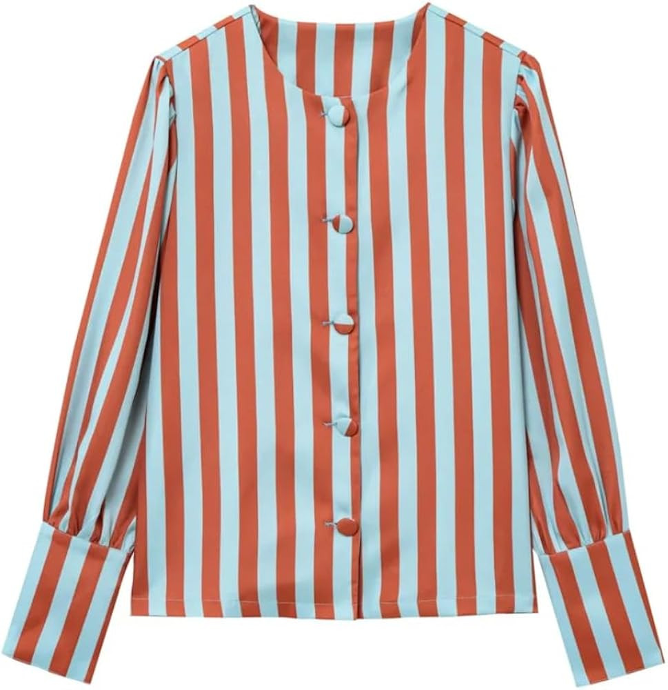 Blusas de otoño versátiles casuales a rayas con manga de burbujas y cuello redondo para mujer | Amazon (US)